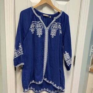 Soft Surroundings SZ XL Corah Gauze Top Blue Embroidered Bohemian Style Tunic
